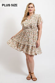 Floral Printed Ruffle Detail Dress With Elastic Waist (Plus Size)