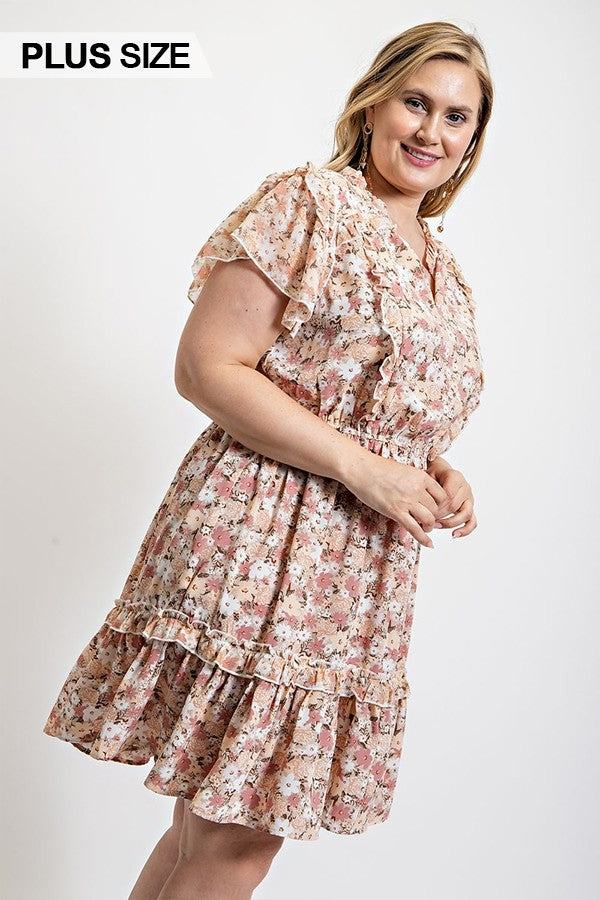 Floral Printed Ruffle Detail Dress With Elastic Waist (Plus Size)