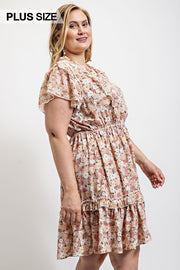 Floral Printed Ruffle Detail Dress With Elastic Waist (Plus Size)