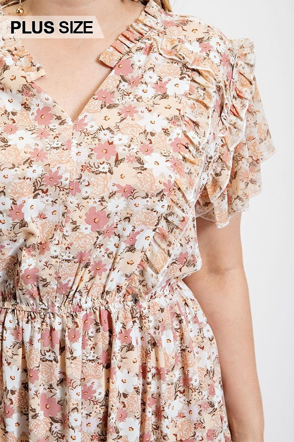 Floral Printed Ruffle Detail Dress With Elastic Waist (Plus Size)