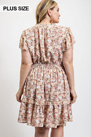 Floral Printed Ruffle Detail Dress With Elastic Waist (Plus Size)