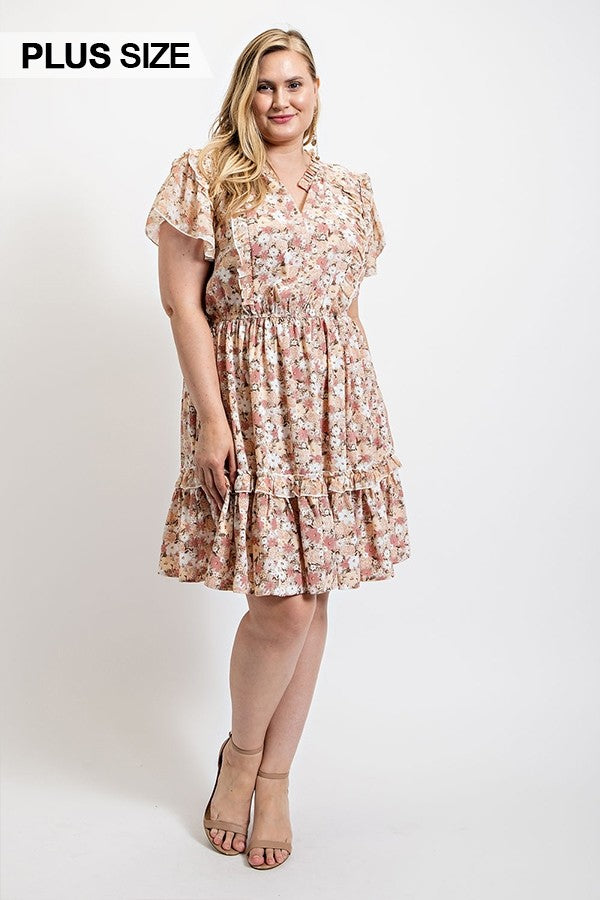 Floral Printed Ruffle Detail Dress With Elastic Waist (Plus Size)