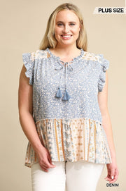 Woven Prints Mixed And Sleeveless Flutter Top With Tassel Tie (Plus Size)