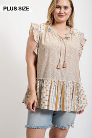 Woven Prints Mixed And Sleeveless Flutter Top With Tassel Tie (Plus Size)