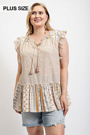 Woven Prints Mixed And Sleeveless Flutter Top With Tassel Tie (Plus Size)
