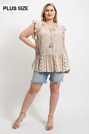 Woven Prints Mixed And Sleeveless Flutter Top With Tassel Tie (Plus Size)