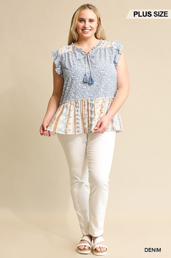 Woven Prints Mixed And Sleeveless Flutter Top With Tassel Tie (Plus Size)