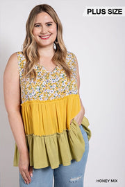 Floral Color Block Ruffle Detail Tiered V-neck Top (Plus Size)