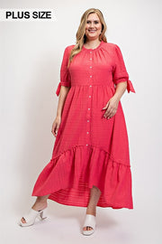 Solid Textured Button Down And Hi - Low Hem Maxi Dress With Tie Sleeve And Slip Dress (Plus Size)