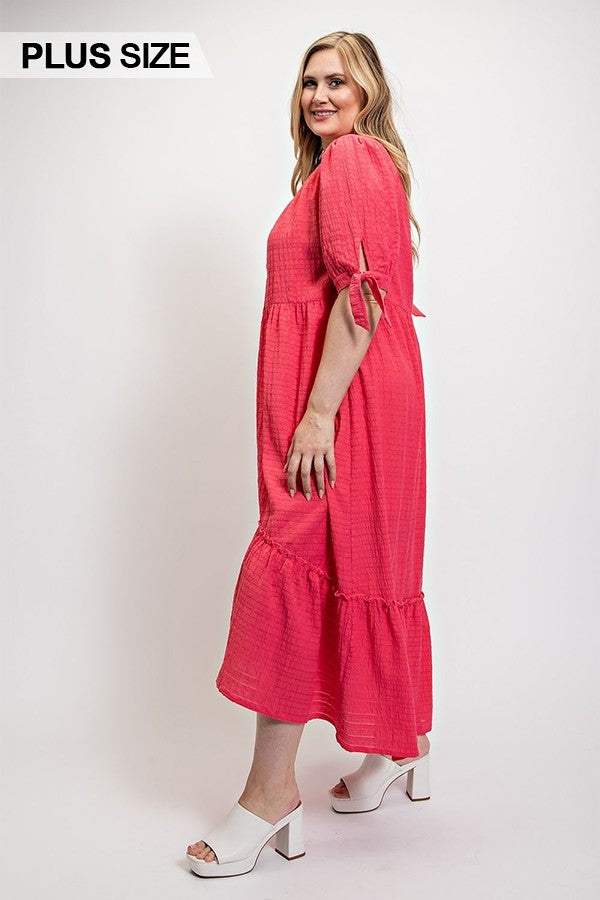 Solid Textured Button Down And Hi - Low Hem Maxi Dress With Tie Sleeve And Slip Dress (Plus Size)