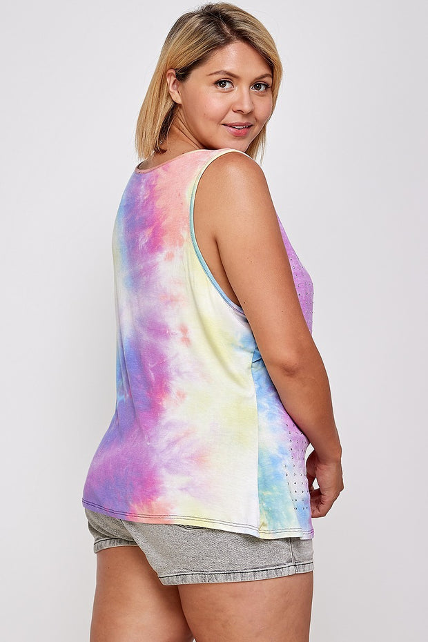 Tie Dye Tank With Studded Detail, Loose Fit, Easy Casual Wear (Plus Size)