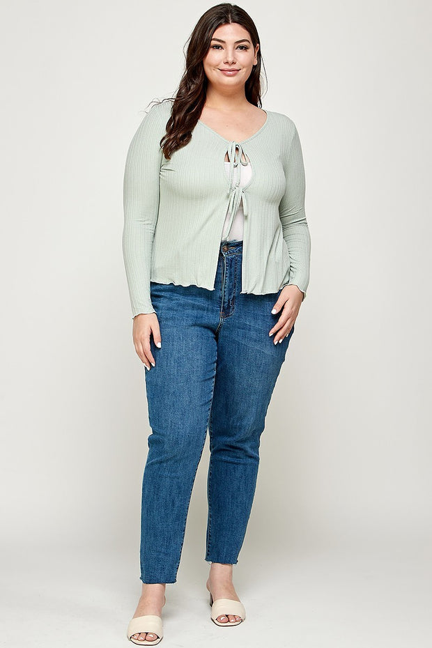 Solid Ribbed Pointelle Cardigan (Plus Size)