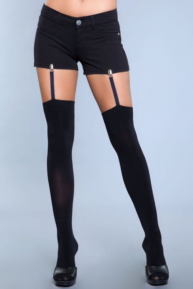 Opaque Thigh Highs With Attached Clip Garter (Shorts Not Included)
