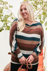 Boat Neck Long Bubble Sleeve Multi Stripe Print Knit Top (Plus Size)