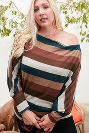 Boat Neck Long Bubble Sleeve Multi Stripe Print Knit Top (Plus Size)