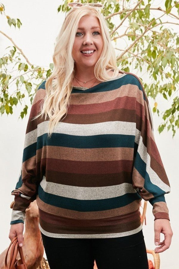 Boat Neck Long Bubble Sleeve Multi Stripe Print Knit Top (Plus Size)