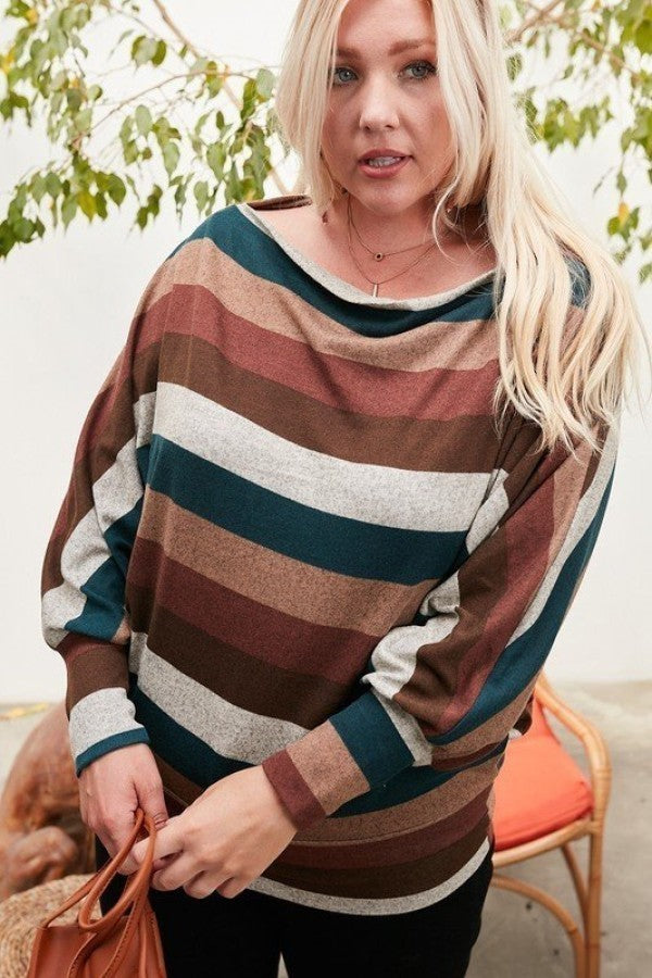 Boat Neck Long Bubble Sleeve Multi Stripe Print Knit Top (Plus Size)