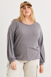 Plus Vintage Denim Waffle Knit Long Sleeve Crossover Back Cut-out Top (Plus Size)