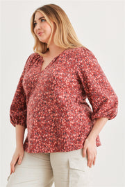Plus Burgundy Floral V-neck Midi Sleeve Soft To Touch Top (Plus Size)