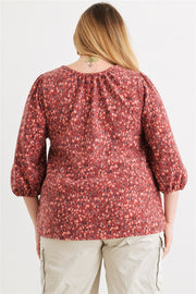 Plus Burgundy Floral V-neck Midi Sleeve Soft To Touch Top (Plus Size)