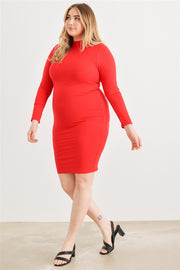 Plus Red Ribbed Long Sleeve Mock Neck Cut-out Back Midi Dress (Plus Size)