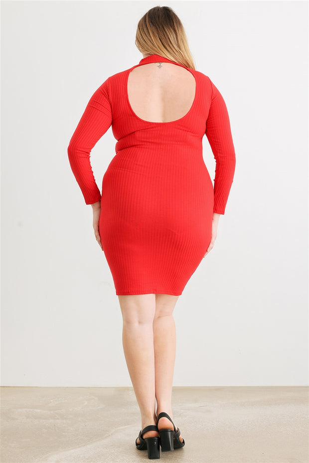 Plus Red Ribbed Long Sleeve Mock Neck Cut-out Back Midi Dress (Plus Size)