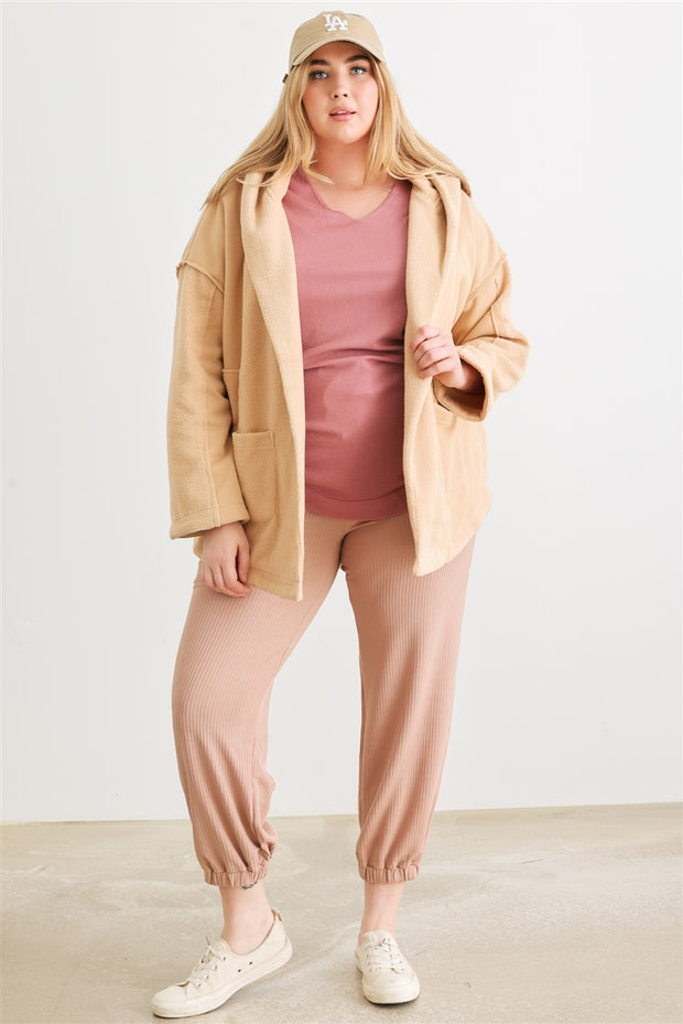 Plus Two Pocket Open Front Soft To Touch Hooded Cardigan Jacket (Plus Size)