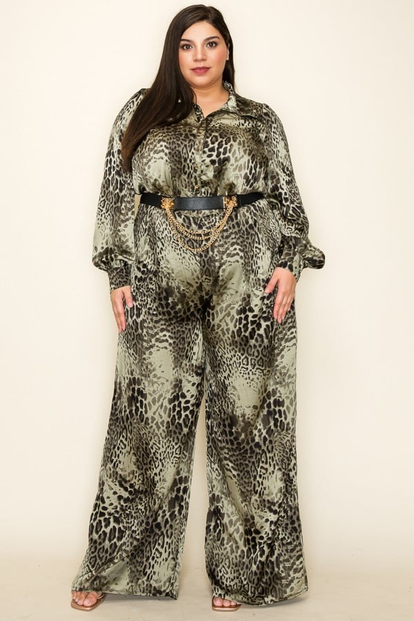 Satin Leopard Long Sleeve Button Down Palazzo Jumpsuit (Plus Size)