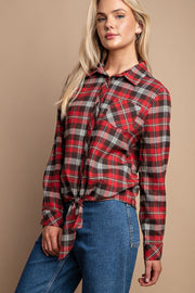 Tie Front Button Down Plaid Shirt With Front Pocket