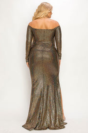 Plus Long Sleeve Off Shoulder Sequin Fabric (metallic) Party Maxi Dress (Plus Size)