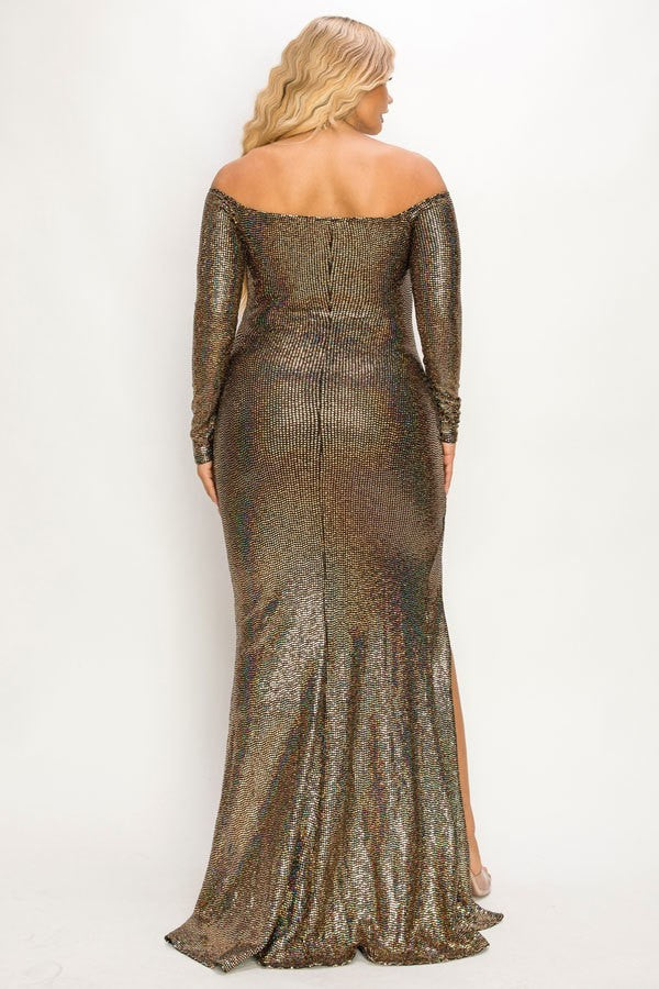 Plus Long Sleeve Off Shoulder Sequin Fabric (metallic) Party Maxi Dress (Plus Size)
