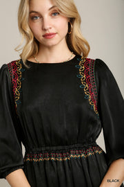 Satin Round Neck Embroidery Midi Dress
