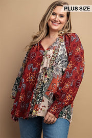 Mixed Print Front Button Long Sleeve Top (Plus Size)