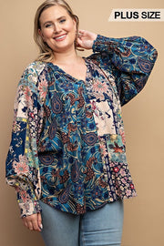 Mixed Print Front Button Long Sleeve Top (Plus Size)