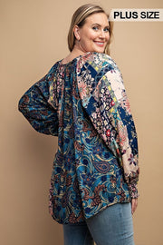 Mixed Print Front Button Long Sleeve Top (Plus Size)