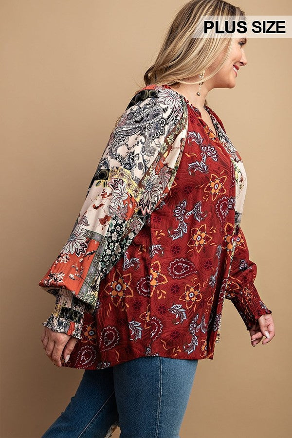 Mixed Print Front Button Long Sleeve Top (Plus Size)