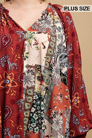 Mixed Print Front Button Long Sleeve Top (Plus Size)