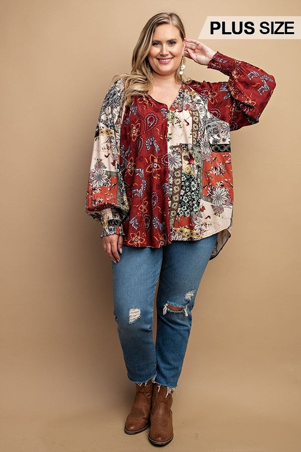Mixed Print Front Button Long Sleeve Top (Plus Size)