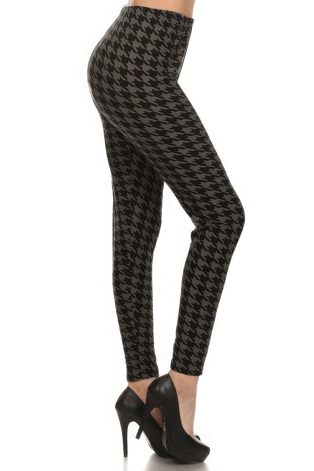 High Waisted Houndstooth Printed Knit Legging With Elastic Waistband