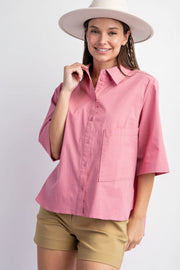 Half Sleeves Stretch Poplin Button Down Shirt