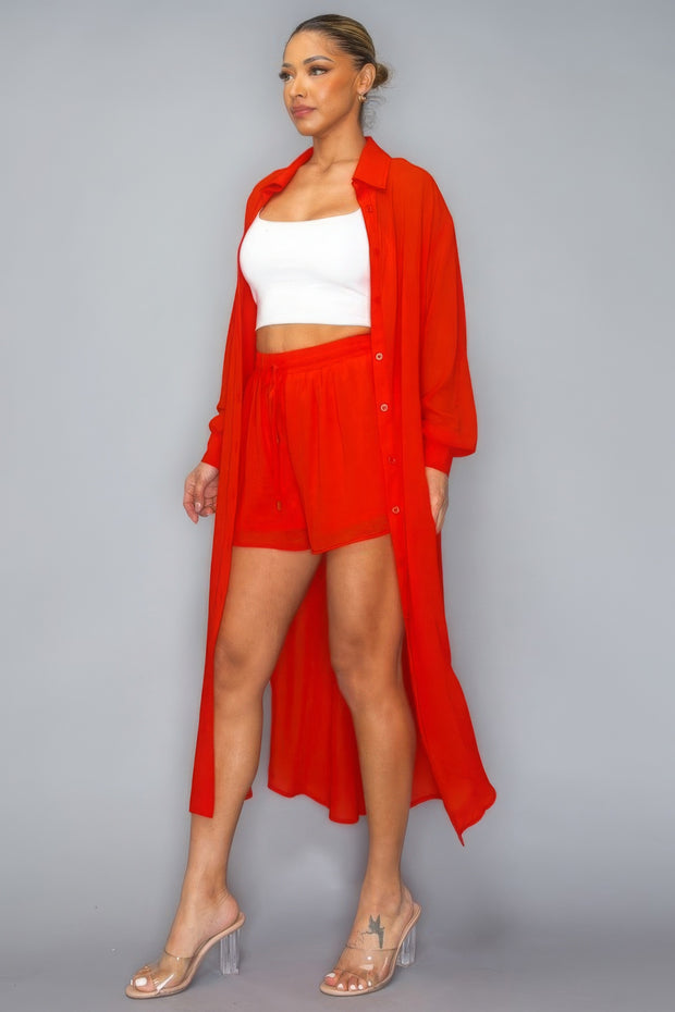 Chiffon Button Down Long Sleeve Side Slit Long Top With Short Set