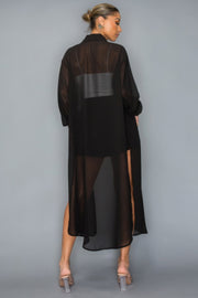Chiffon Button Down Long Sleeve Side Slit Long Top With Short Set