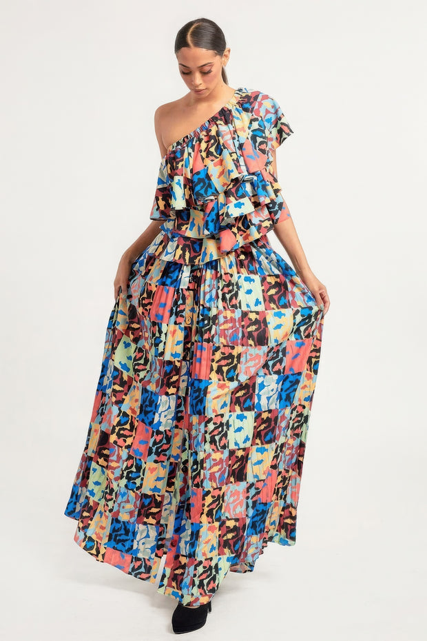 Printed Ruffle Top And Pleated Skirt Set