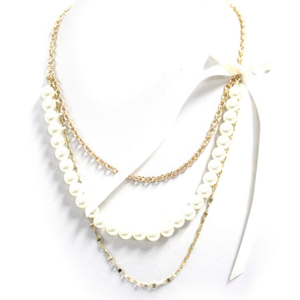 Pearl Layered Ribbon Long Necklace