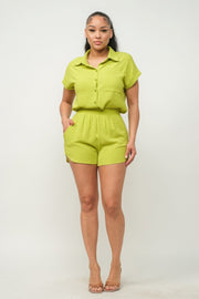 Button Down Pocket Loose Fit Top And Shorts Set