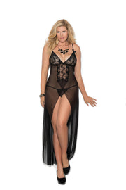 Long Mesh Gown With Lace Insert (Plus Size) - Spicy and Sexy