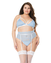 Scallop Stretch Lace Bra, Garter Belt & G-String Light (Plus Size) - Spicy and Sexy