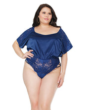 Stretch Satin & Scallop Stretch Lace Off The Shoulder Romper Navy (Plus Size) - Spicy and Sexy