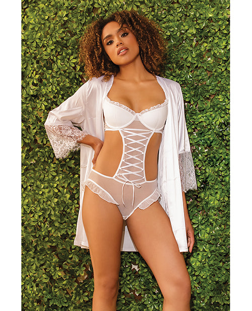 Stretch Mesh Ruffled Crotchless Teddy White - Spicy and Sexy