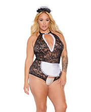 Scallop Stretch Lace Crotchless Maid Teddy With Headpiece Black/White Os/xl - Spicy and Sexy